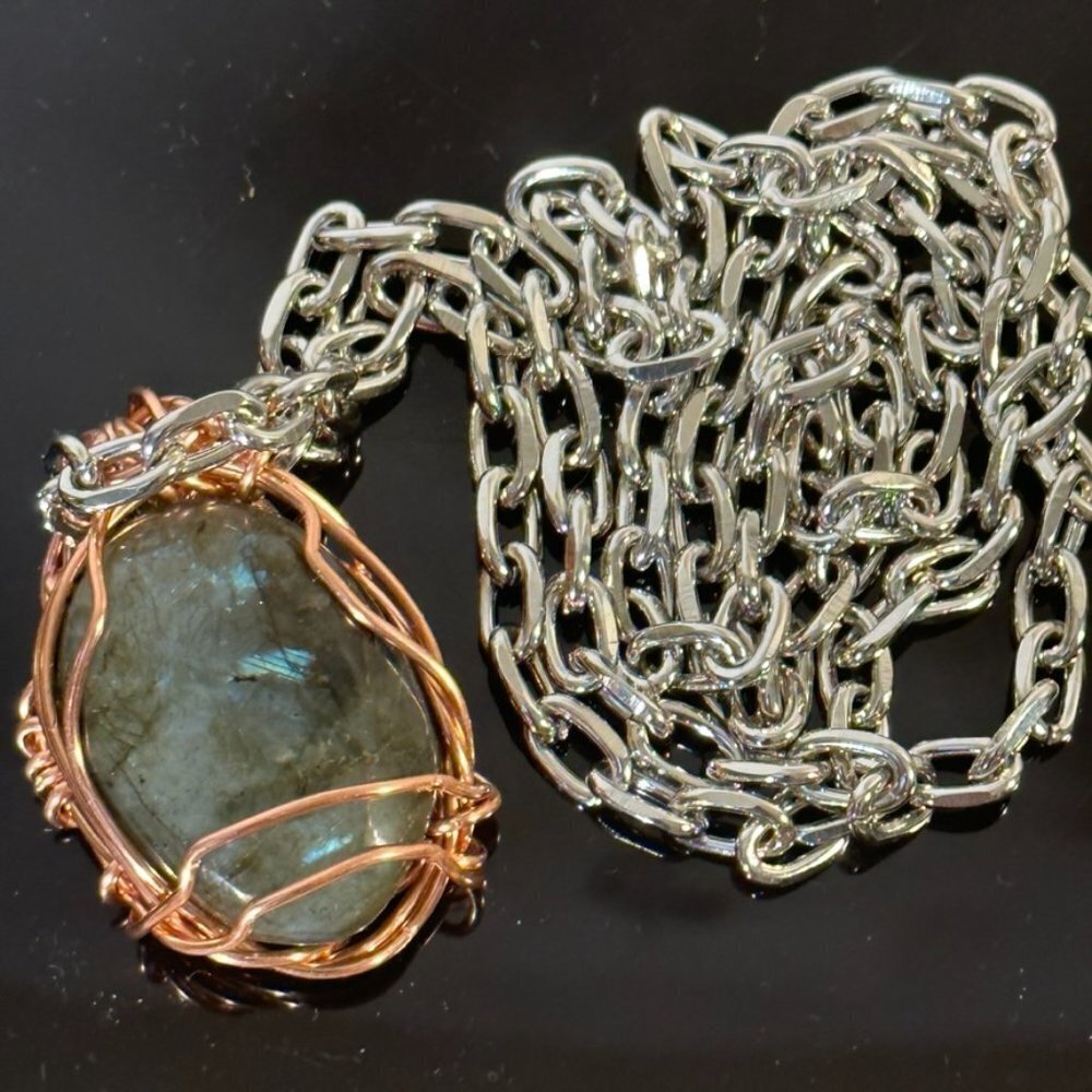 Labradorite Wire Wrapped Stainless Steel Wire Wrapped Copper Necklace Pendant